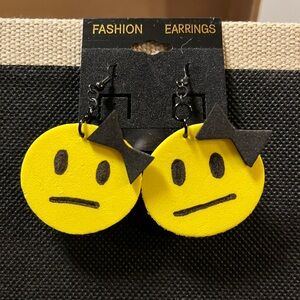 Hand Crafted Yellow & Black Emoji Face Earrings with Bow